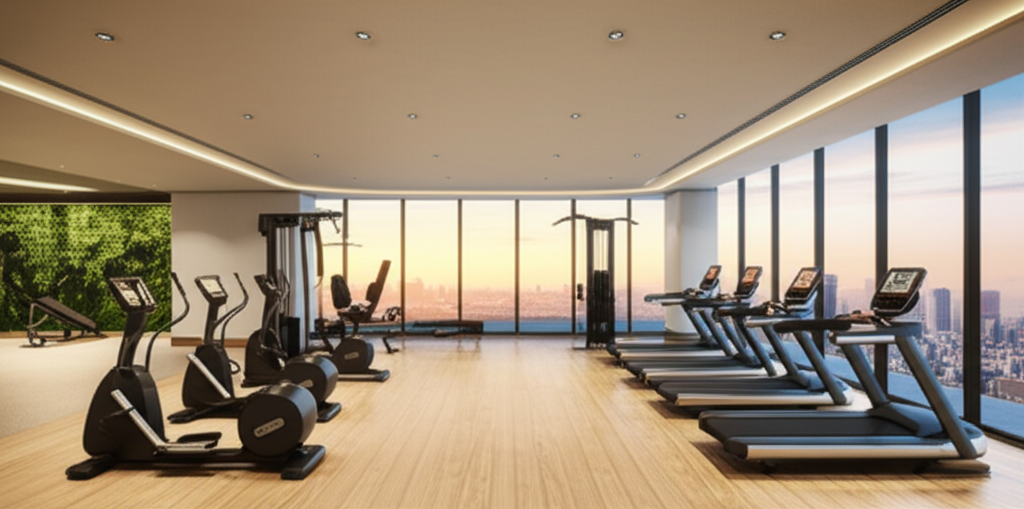 Modern fitness center with city views