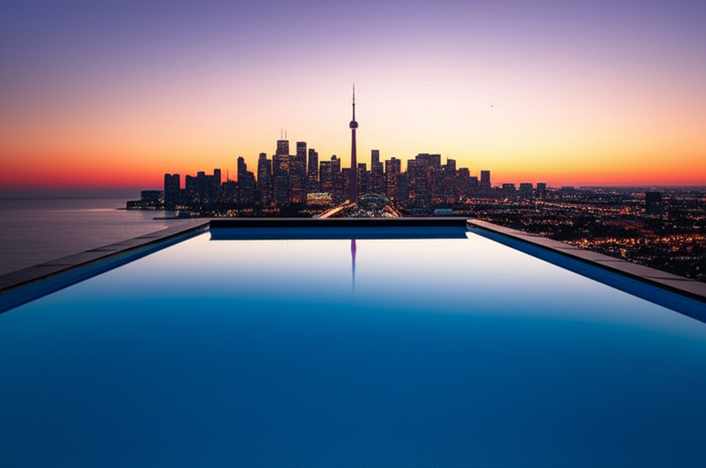 Rooftop infinity pool with Toronto skyline views